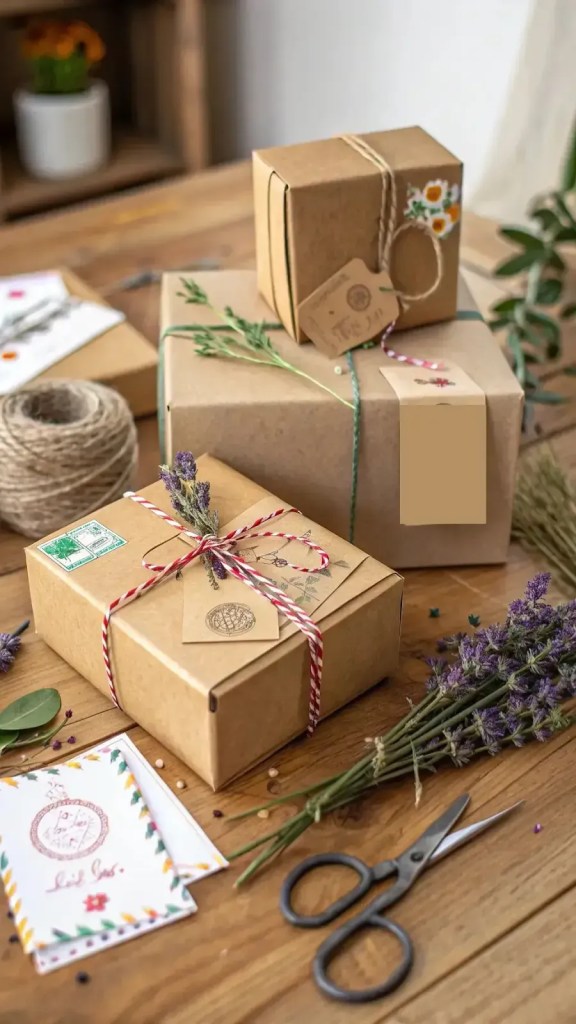 Asmall stack of gift boxes wrapped in kraft paper.
